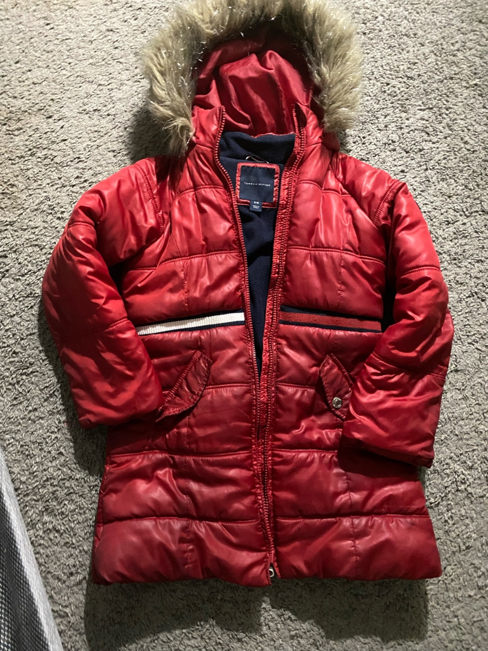 Tommy Hilfiger Red Faux-Fur Hooded Puffer Coat